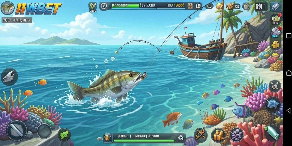 Gameplay seru 11WBET saat menangkap ikan di lautan.