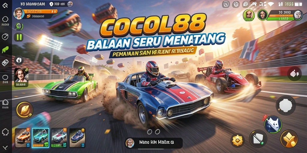 Tampilan gameplay COCOL88 dengan mobil balap yang cepat.