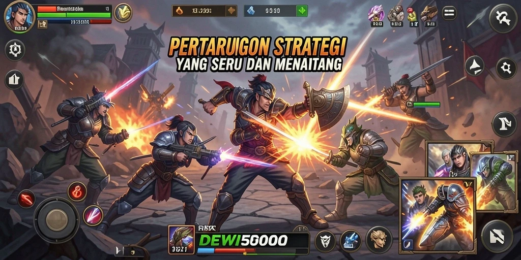 Tangkapan layar utama DEWI5000 menampilkan pertempuran strategis yang mendebarkan.