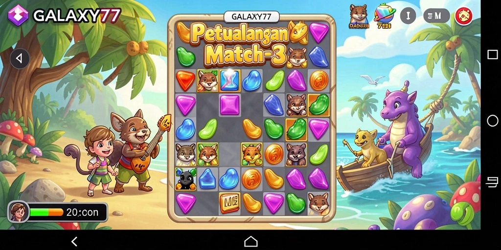 Tangkapan layar GALAXY77 menampilkan gameplay seru mencocokkan permata.