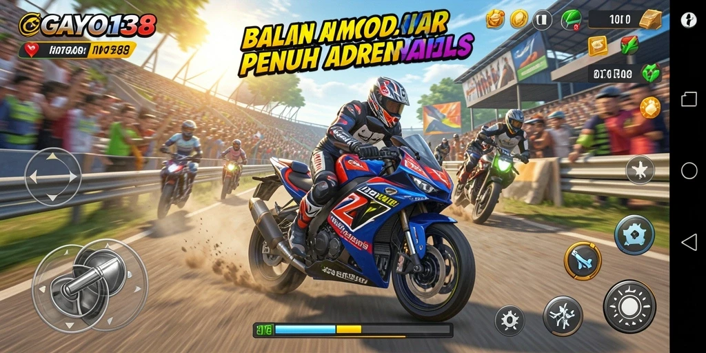 Screenshot gameplay GAYO138, menampilkan balapan motor yang mendebarkan.