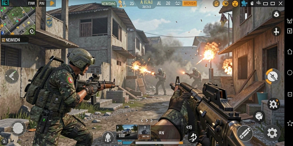 Screenshot gameplay NEWIDN menampilkan aksi tembak-menembak intens.
