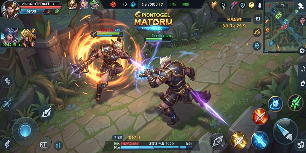 Screenshot PIONTOGEL menampilkan aksi pertarungan intens dalam game MOBA.