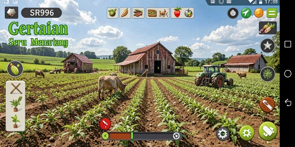 Tangkapan layar gameplay SR996 menampilkan aktivitas bertani yang menyenangkan.