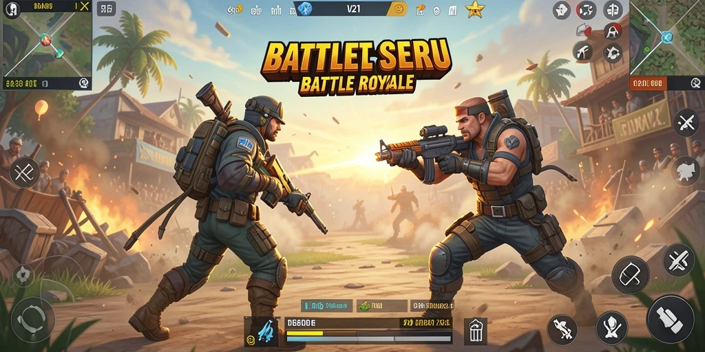 Tampilan gameplay V21 dengan aksi pertempuran seru dalam Battle Royale.
