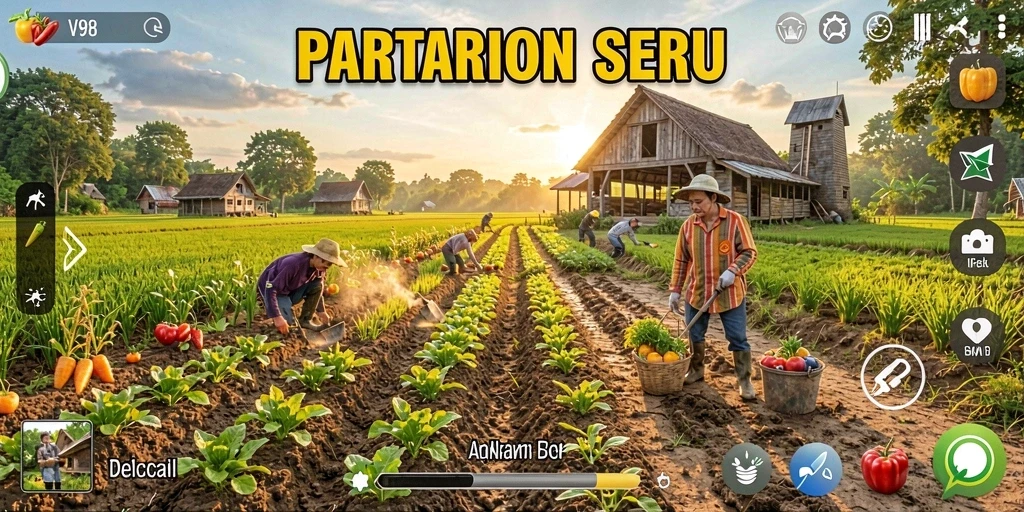 Screenshot gameplay V98 dengan suasana kebun yang indah.