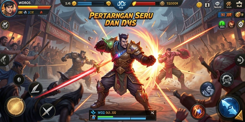 Tampilan gameplay WDBOS dengan karakter bertarung di arena yang dinamis.
